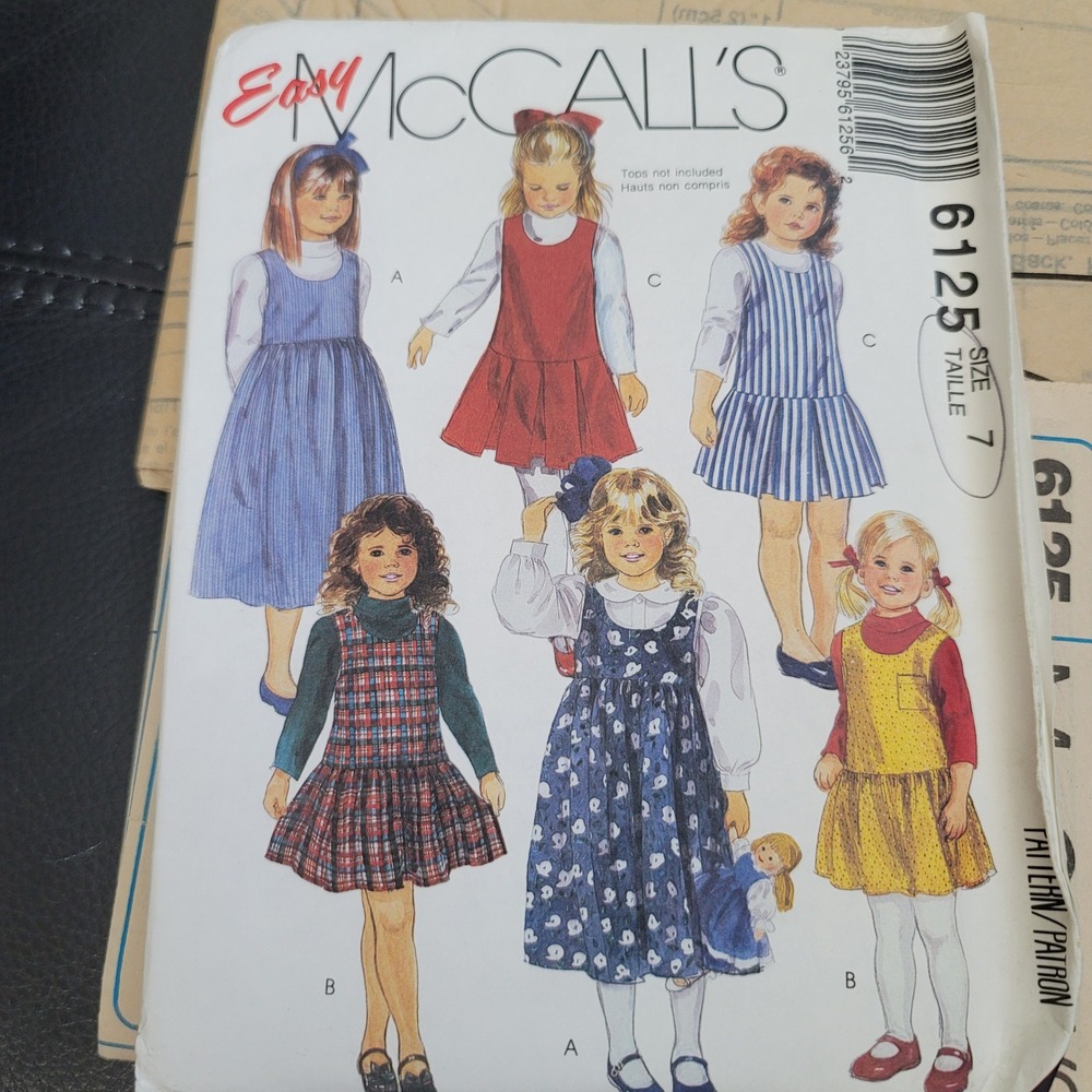 McCalls 6125 Girls Jumper Sewing Pattern Size 7 Empire Drop Waist Uncut